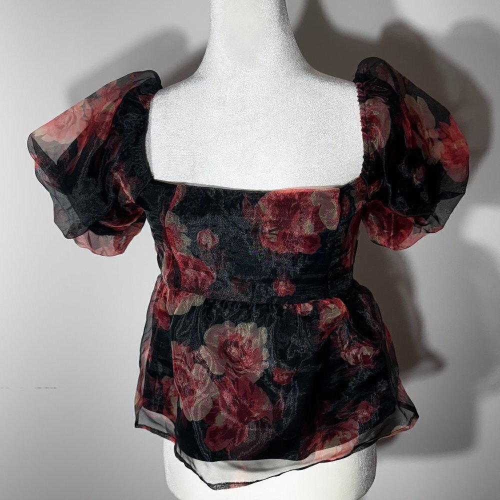 NWT - Thirty / Thirty Los Angeles Peplum Floral Puff Sleeve Top - Size Large